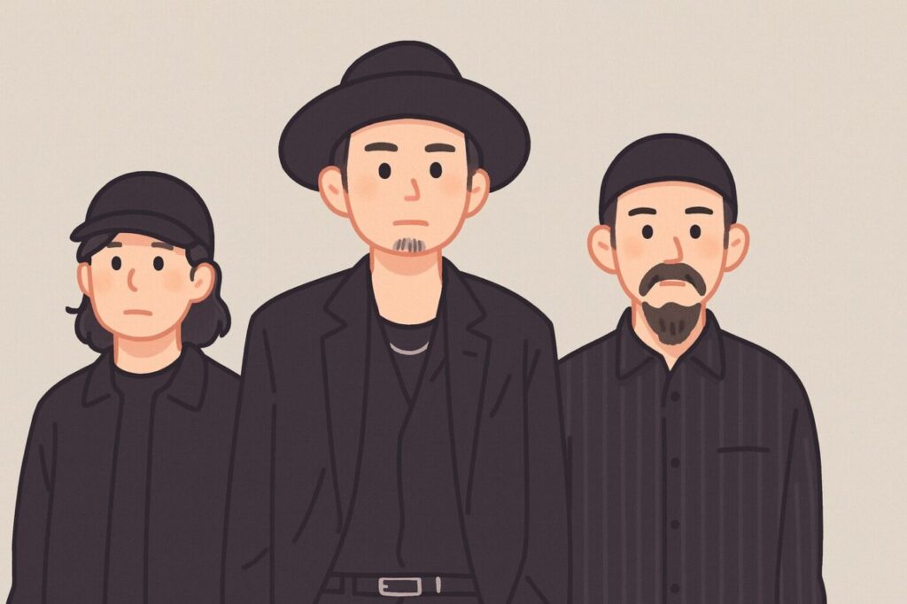 黒い服の三人の男性